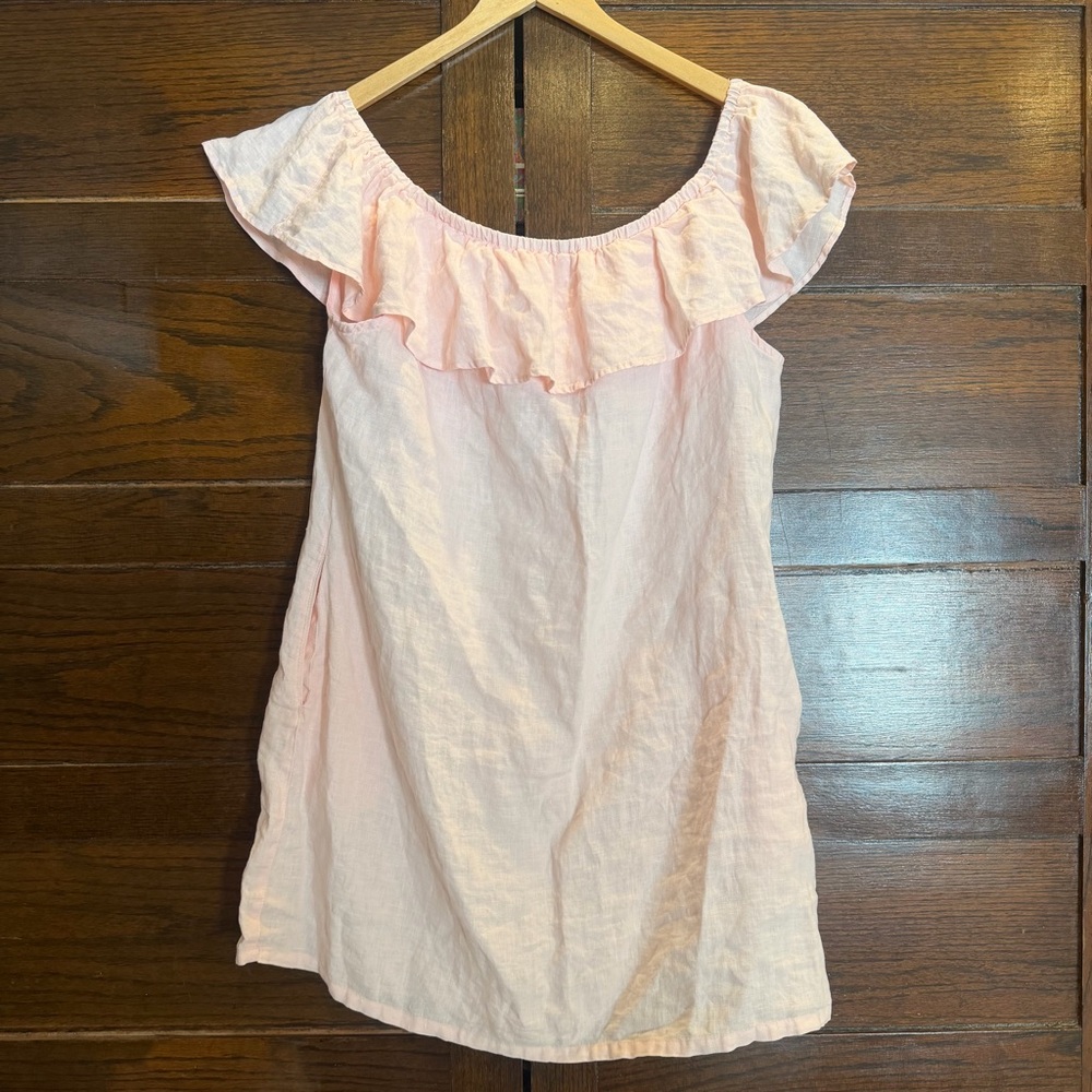 Lulu-B XL 100% linen Light Pink off the shoulder ruffle dress shift lightweight